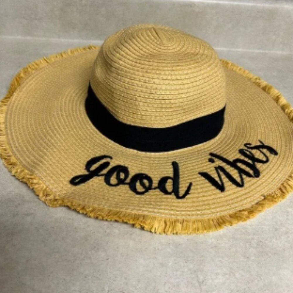 CC brand straw sun hat Tan Wide Brim Hat with Black Band “good vibes” Womens OS